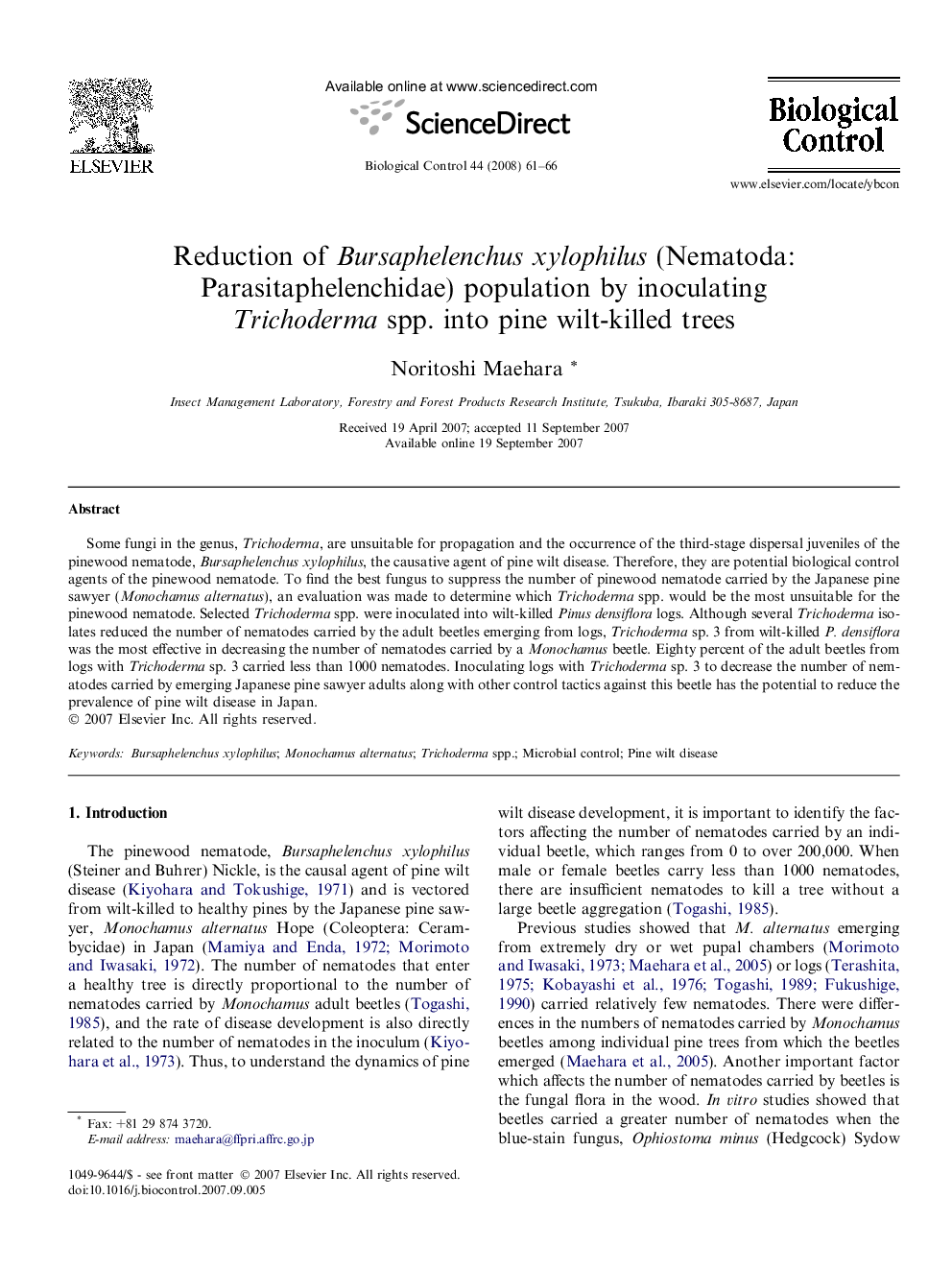 Reduction of Bursaphelenchus xylophilus (Nematoda: Parasitaphelenchidae) population by inoculating Trichoderma spp. into pine wilt-killed trees