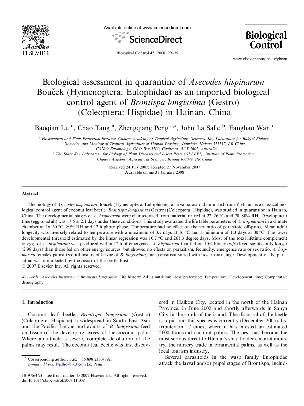 Biological assessment in quarantine of Asecodes hispinarum Bouček (Hymenoptera: Eulophidae) as an imported biological control agent of Brontispa longissima (Gestro) (Coleoptera: Hispidae) in Hainan, China