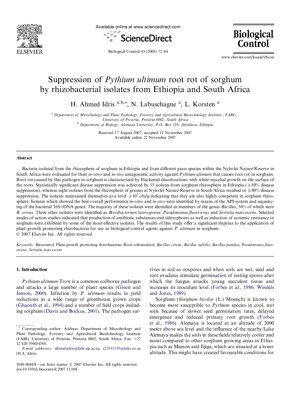 Suppression of Pythium ultimum root rot of sorghum by rhizobacterial isolates from Ethiopia and South Africa