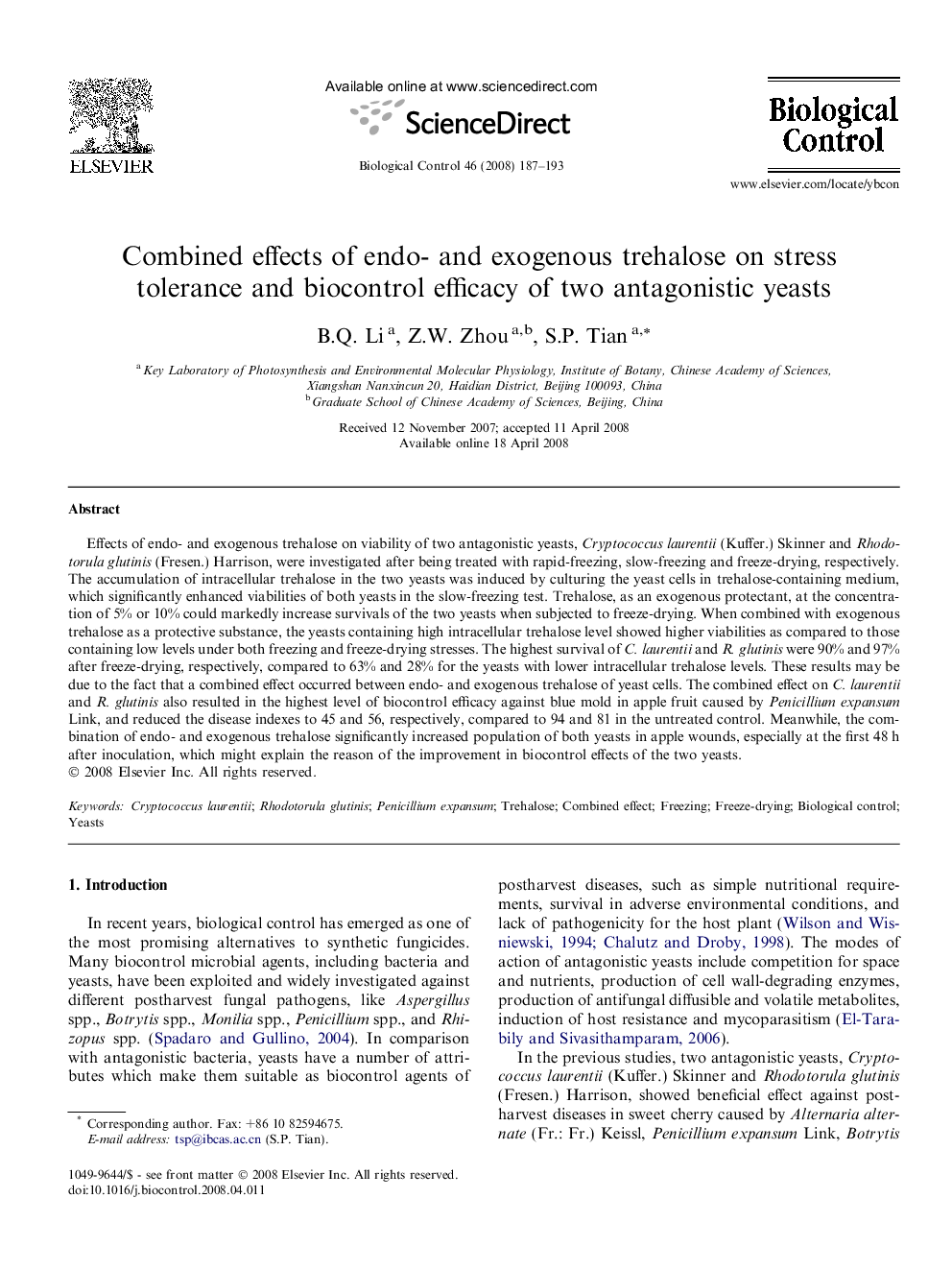 Combined effects of endo- and exogenous trehalose on stress tolerance and biocontrol efficacy of two antagonistic yeasts