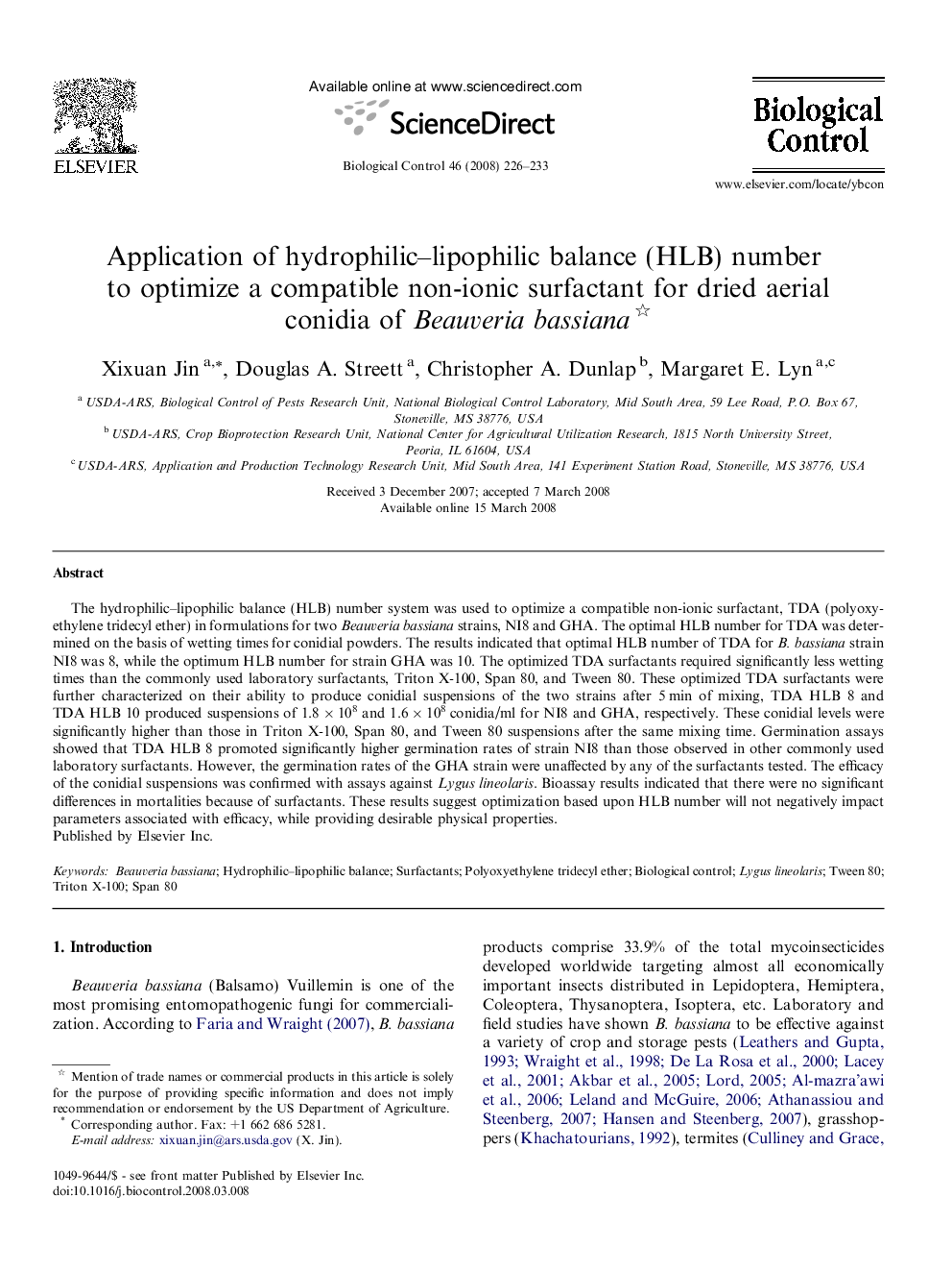 عکس صفحه اول مقاله: Application of hydrophilic–lipophilic balance (HLB) number to optimize a compatible non-ionic surfactant for dried aerial conidia of Beauveria bassiana Application of hydrophilic–lipophilic balance (HLB) number to optimize a compatible non-ionic surfactant for dried aerial conidia of Beauveria bassiana