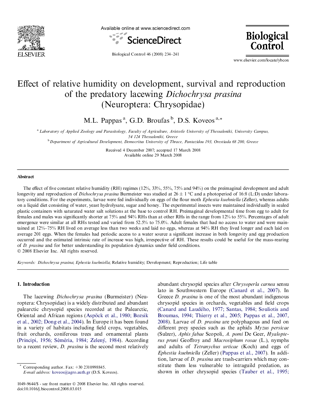 Effect of relative humidity on development, survival and reproduction of the predatory lacewing Dichochrysa prasina (Neuroptera: Chrysopidae)