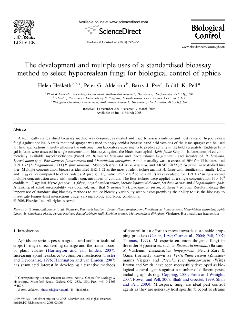 The development and multiple uses of a standardised bioassay method to select hypocrealean fungi for biological control of aphids