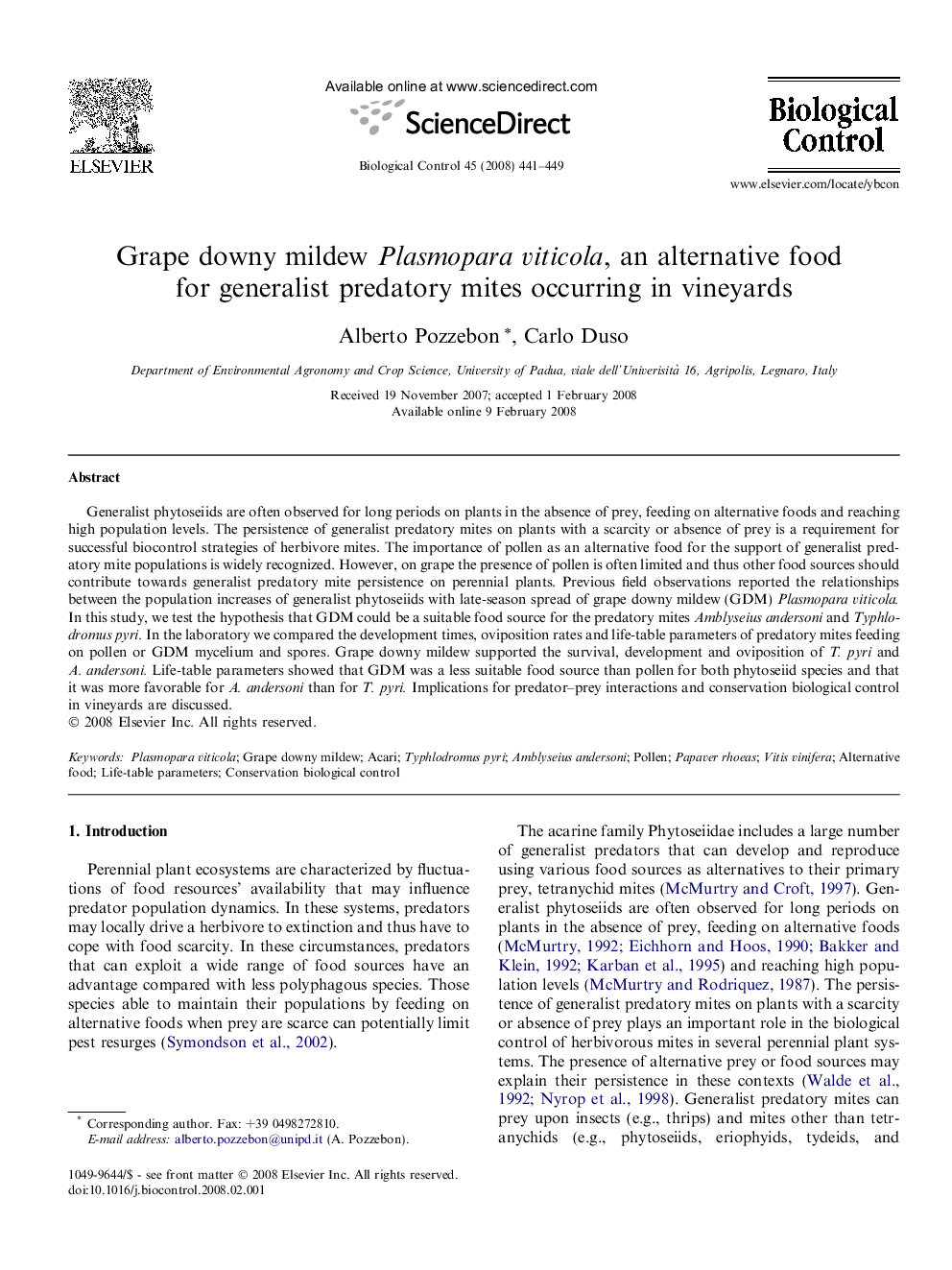 Grape downy mildew Plasmopara viticola, an alternative food for generalist predatory mites occurring in vineyards