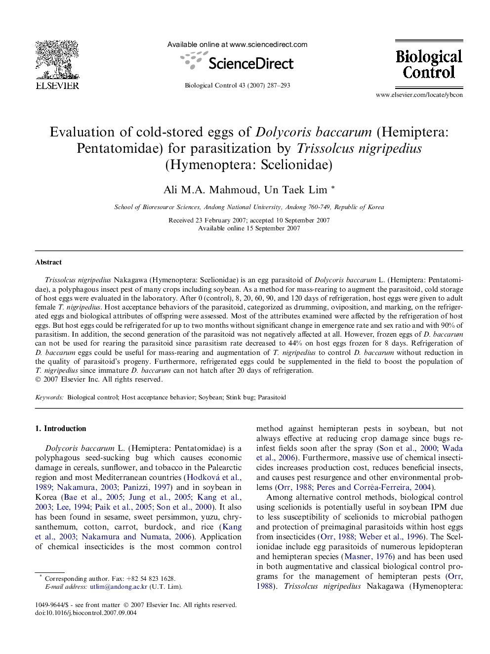 Evaluation of cold-stored eggs of Dolycoris baccarum (Hemiptera: Pentatomidae) for parasitization by Trissolcus nigripedius (Hymenoptera: Scelionidae)