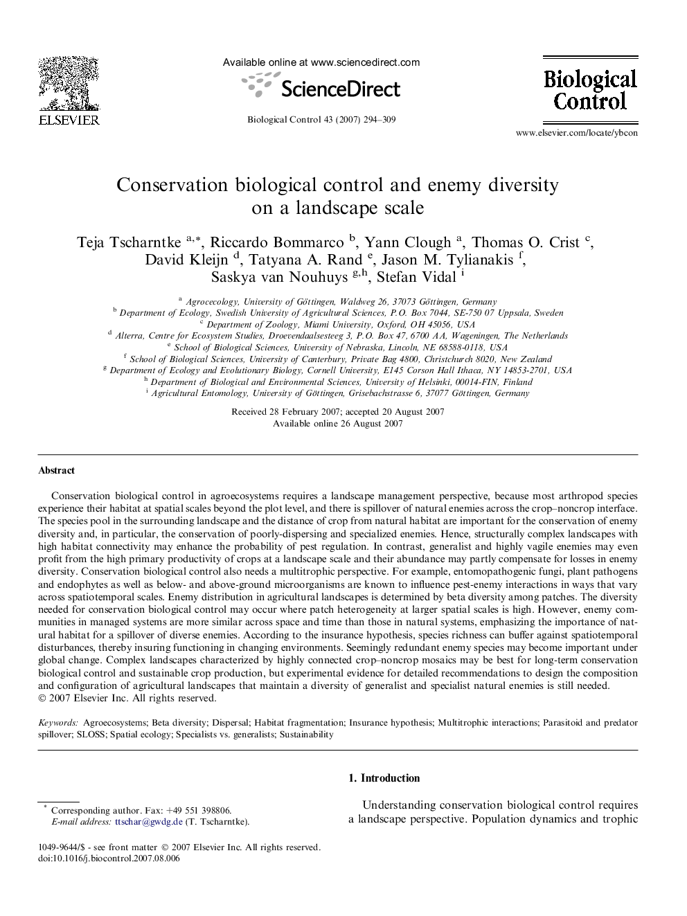 Conservation biological control and enemy diversity on a landscape scale