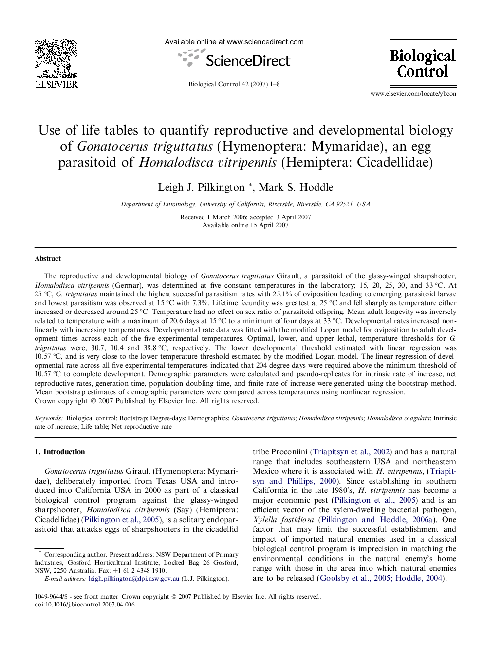 Use of life tables to quantify reproductive and developmental biology of Gonatocerus triguttatus (Hymenoptera: Mymaridae), an egg parasitoid of Homalodisca vitripennis (Hemiptera: Cicadellidae)
