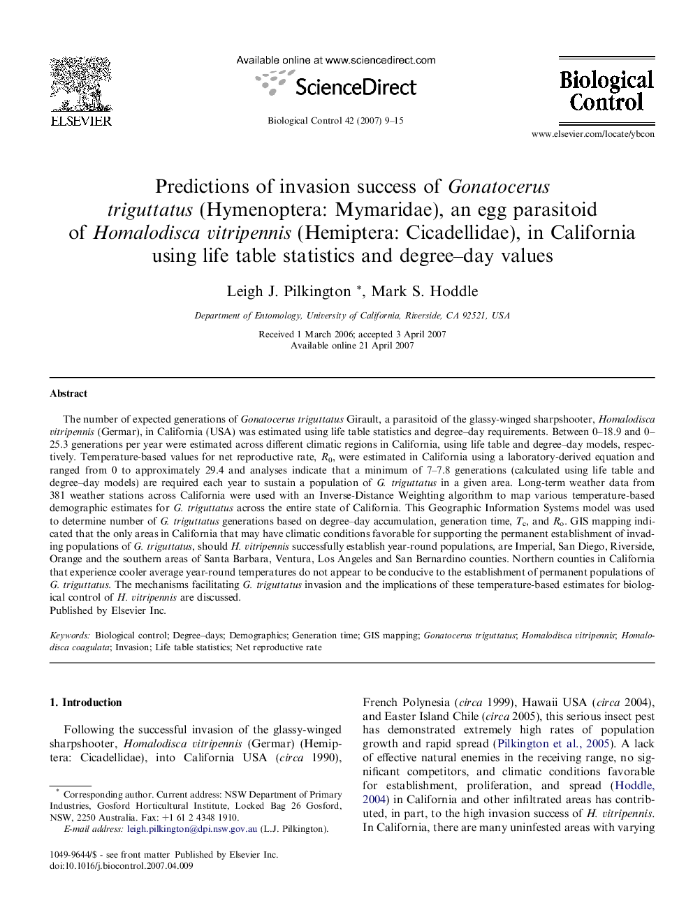 Predictions of invasion success of Gonatocerus triguttatus (Hymenoptera: Mymaridae), an egg parasitoid of Homalodisca vitripennis (Hemiptera: Cicadellidae), in California using life table statistics and degree–day values