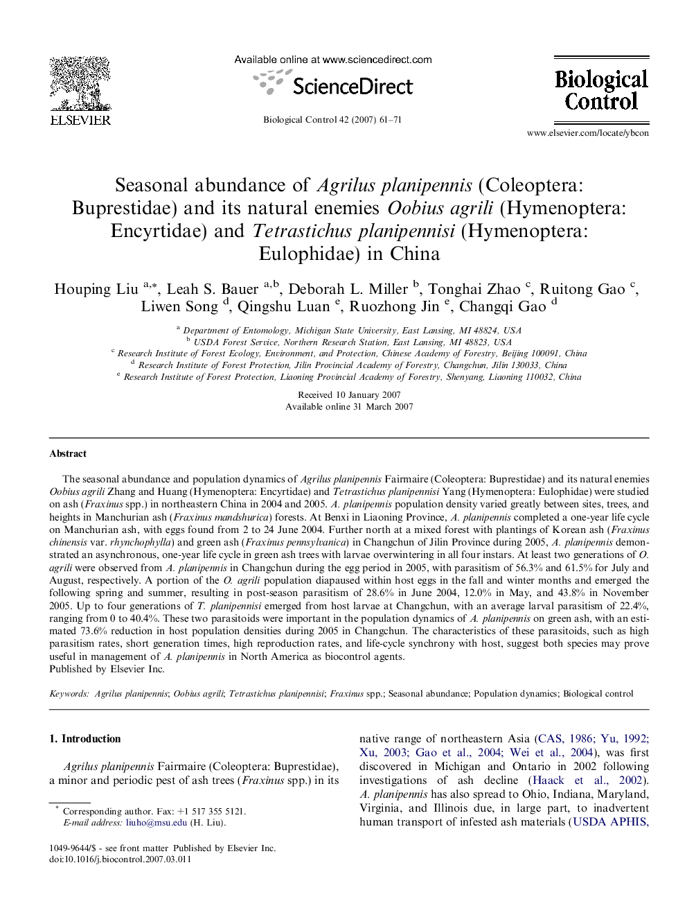Seasonal abundance of Agrilus planipennis (Coleoptera: Buprestidae) and its natural enemies Oobius agrili (Hymenoptera: Encyrtidae) and Tetrastichus planipennisi (Hymenoptera: Eulophidae) in China