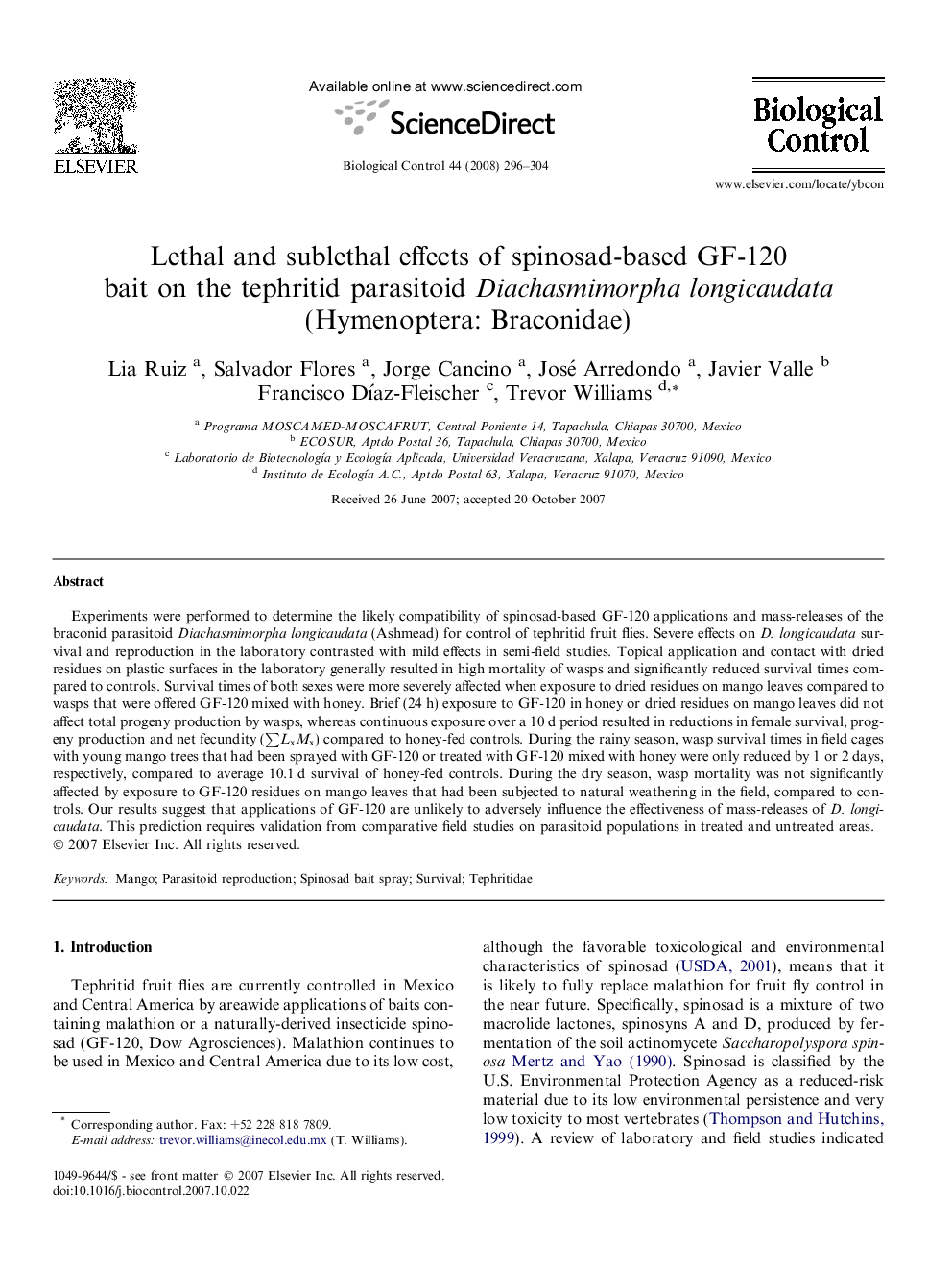 Lethal and sublethal effects of spinosad-based GF-120 bait on the tephritid parasitoid Diachasmimorpha longicaudata (Hymenoptera: Braconidae)