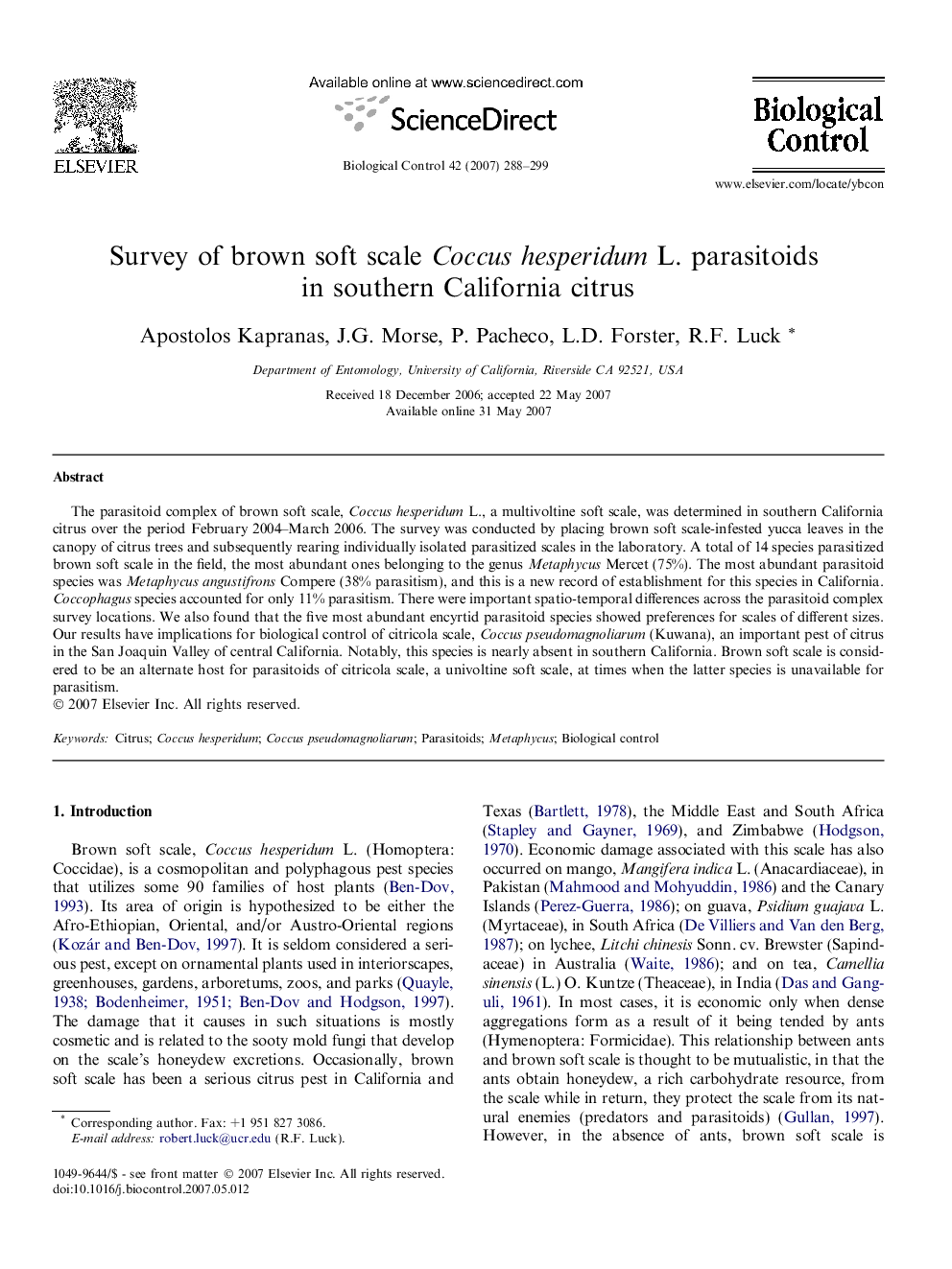 Survey of brown soft scale Coccus hesperidum L. parasitoids in southern California citrus