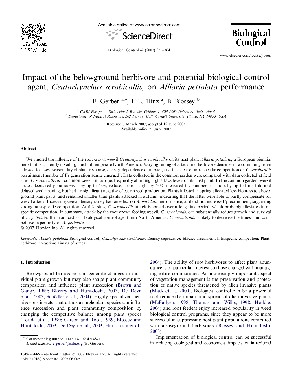 Impact of the belowground herbivore and potential biological control agent, Ceutorhynchus scrobicollis, on Alliaria petiolata performance