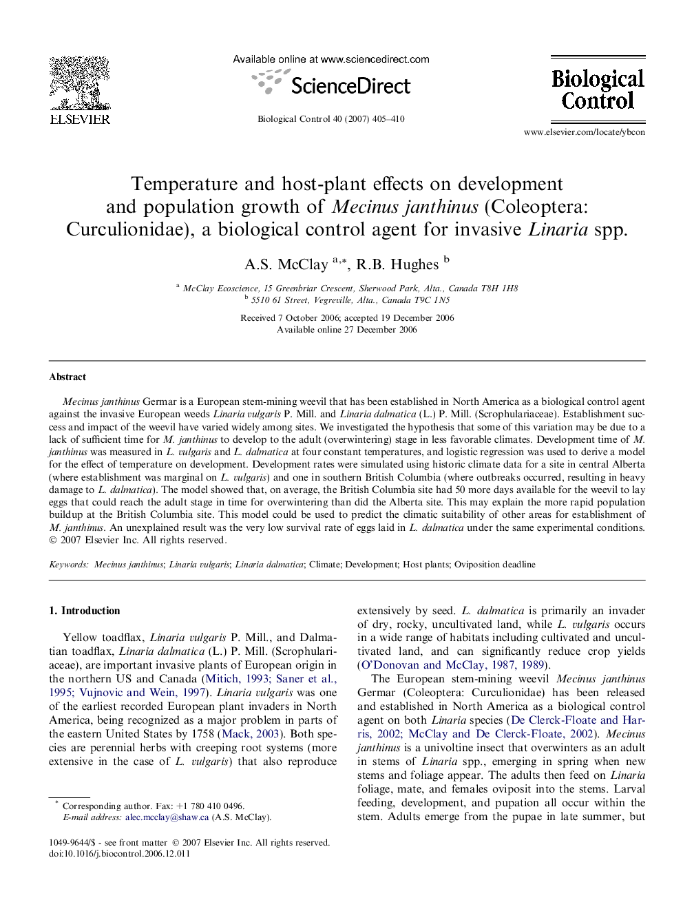 Temperature and host-plant effects on development and population growth of Mecinus janthinus (Coleoptera: Curculionidae), a biological control agent for invasive Linaria spp.