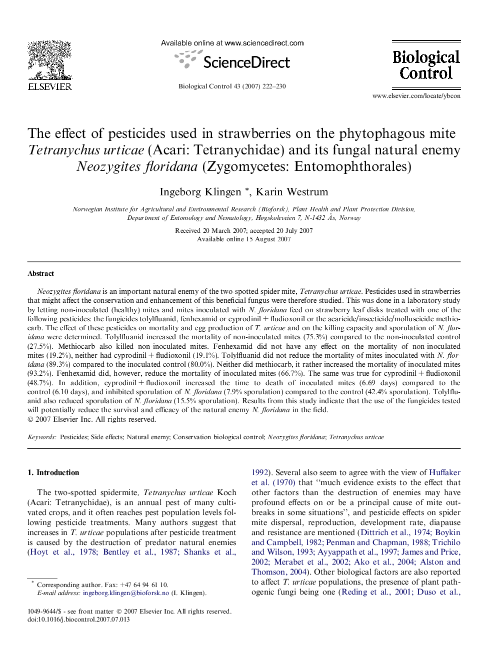 The effect of pesticides used in strawberries on the phytophagous mite Tetranychus urticae (Acari: Tetranychidae) and its fungal natural enemy Neozygites floridana (Zygomycetes: Entomophthorales)