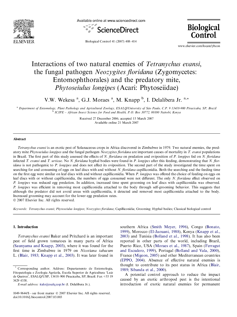 Interactions of two natural enemies of Tetranychus evansi, the fungal pathogen Neozygites floridana (Zygomycetes: Entomophthorales) and the predatory mite, Phytoseiulus longipes (Acari: Phytoseiidae)