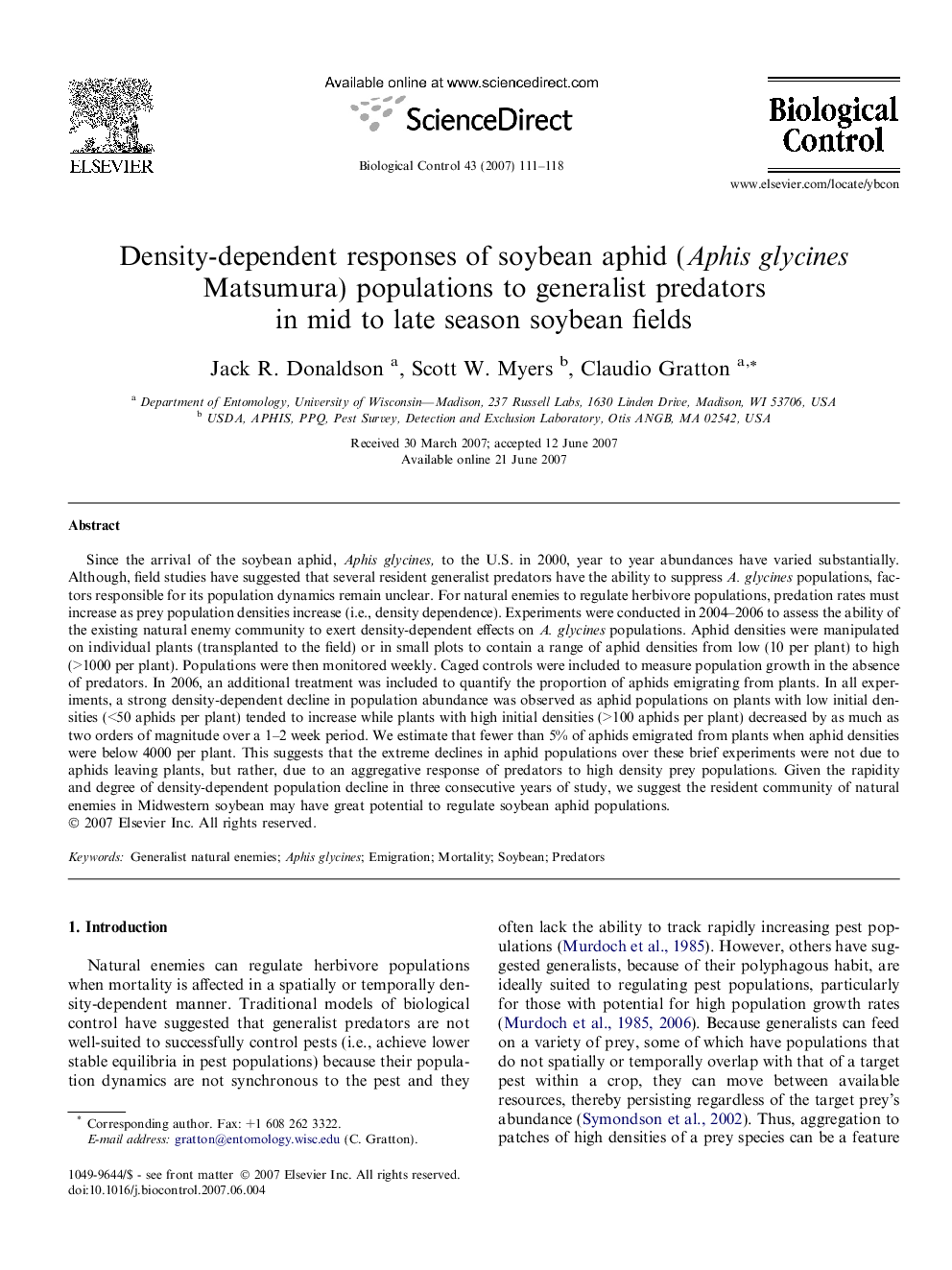 عکس صفحه اول مقاله: Density-dependent responses of soybean aphid (Aphis glycines Matsumura) populations to generalist predators in mid to late season soybean fields Density-dependent responses of soybean aphid (Aphis glycines Matsumura) populations to generalist predators in mid to late season soybean fields