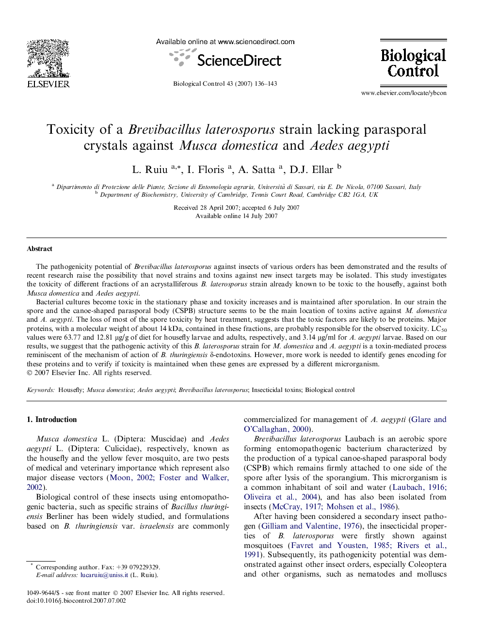 Toxicity of a Brevibacillus laterosporus strain lacking parasporal crystals against Musca domestica and Aedes aegypti