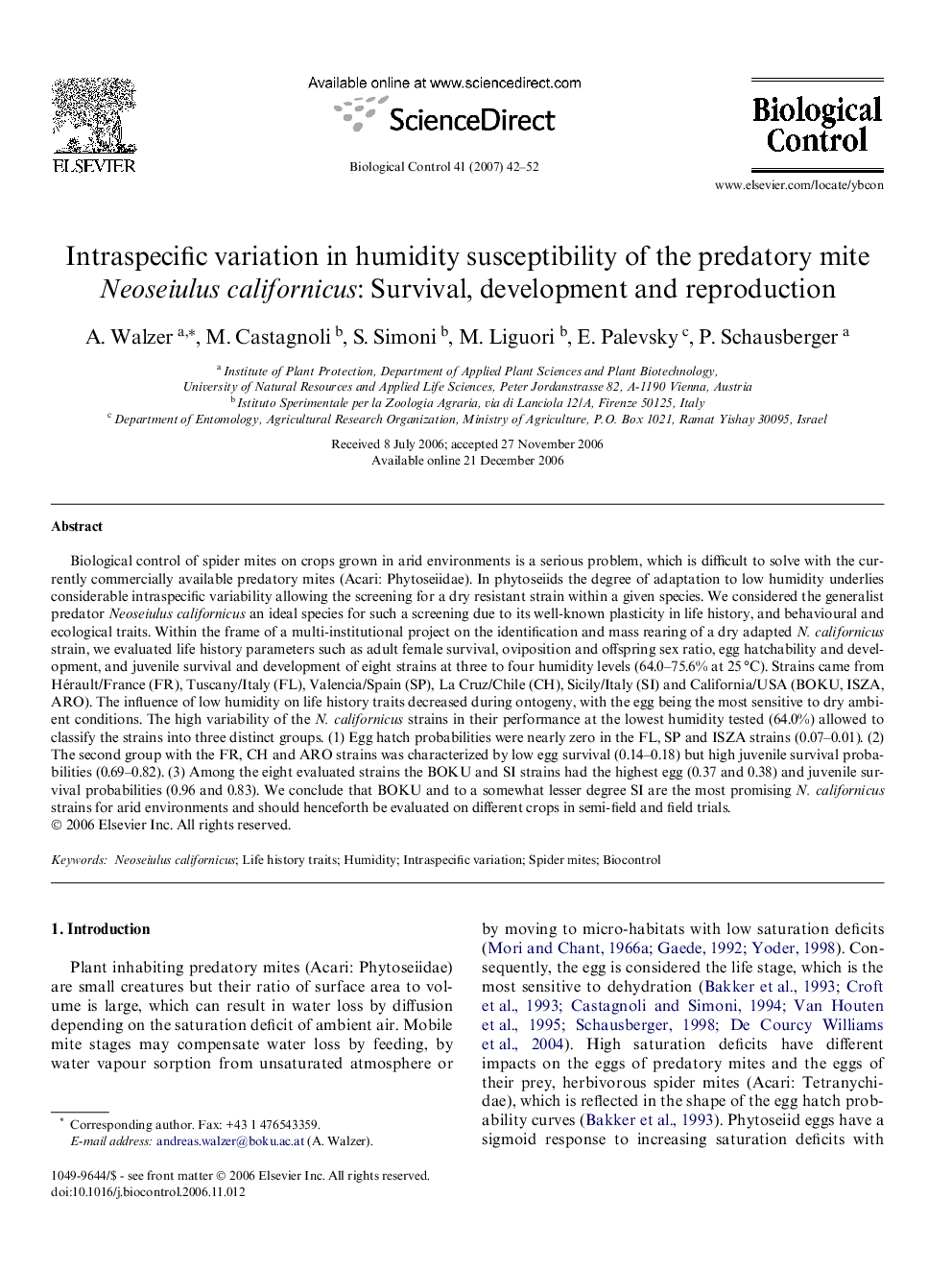 Intraspecific variation in humidity susceptibility of the predatory mite Neoseiulus californicus: Survival, development and reproduction