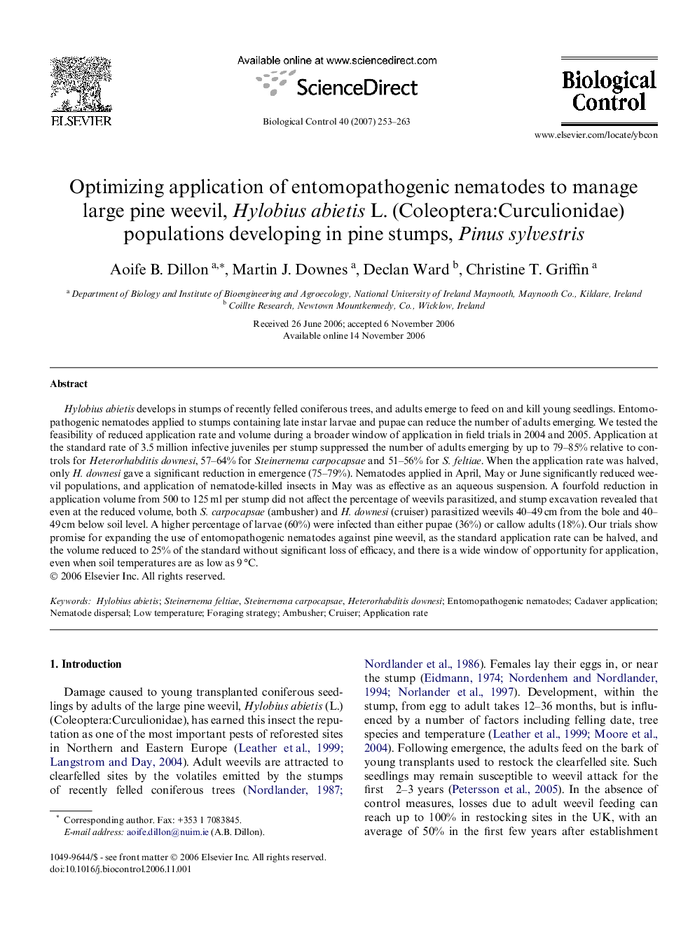 Optimizing application of entomopathogenic nematodes to manage large pine weevil, Hylobius abietis L. (Coleoptera:Curculionidae) populations developing in pine stumps, Pinus sylvestris