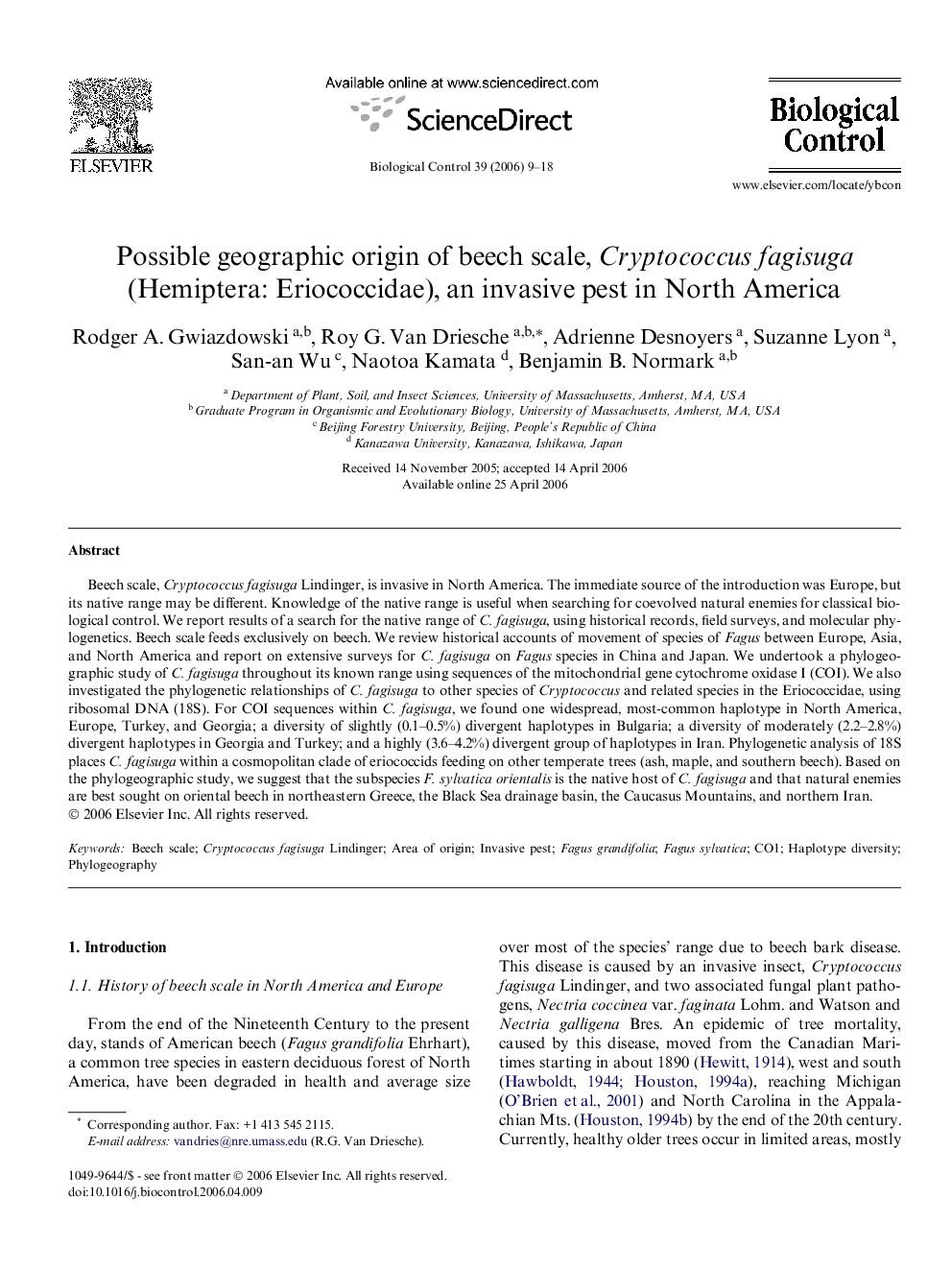 Possible geographic origin of beech scale, Cryptococcus fagisuga (Hemiptera: Eriococcidae), an invasive pest in North America