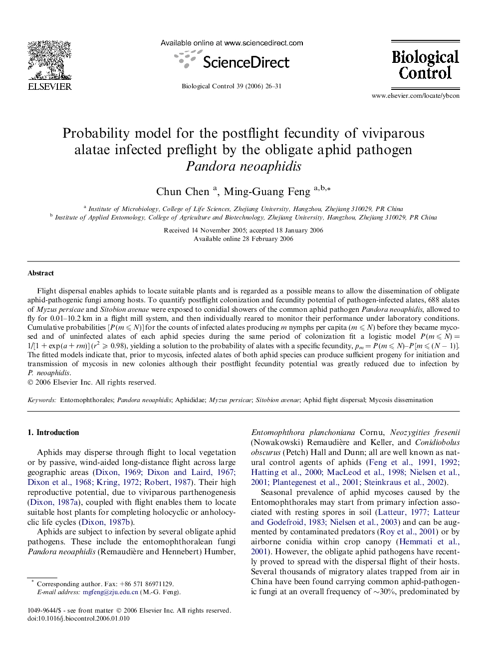 Probability model for the postflight fecundity of viviparous alatae infected preflight by the obligate aphid pathogen Pandora neoaphidis