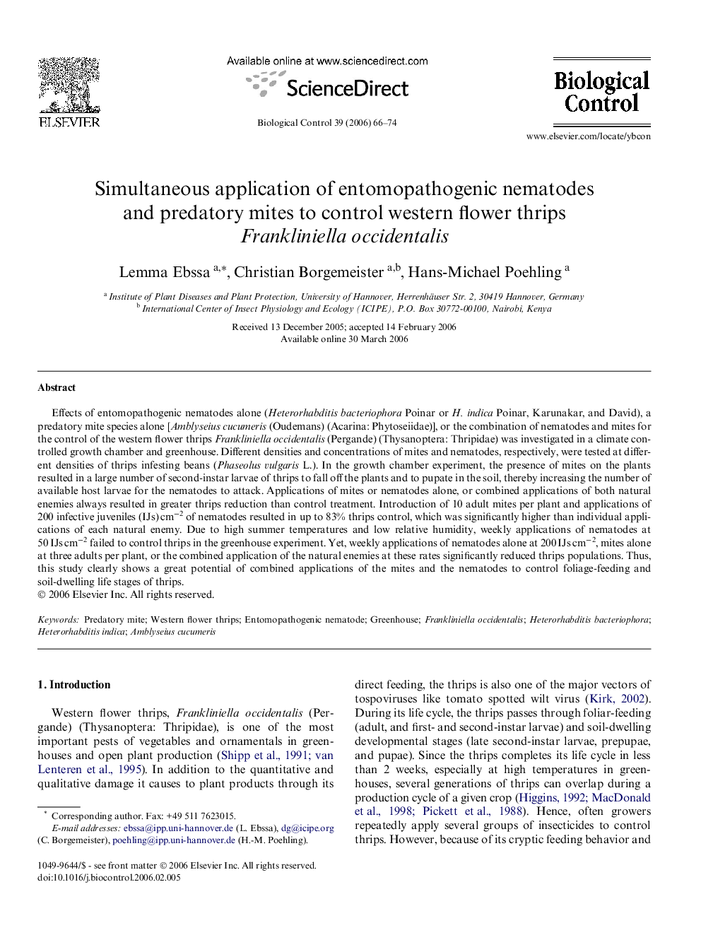 Simultaneous application of entomopathogenic nematodes and predatory mites to control western flower thrips Frankliniella occidentalis