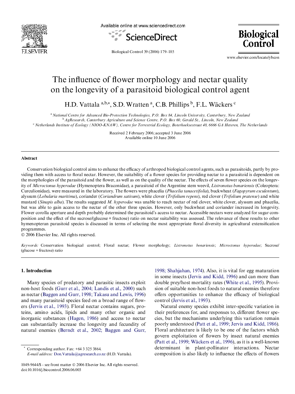 The influence of flower morphology and nectar quality on the longevity of a parasitoid biological control agent