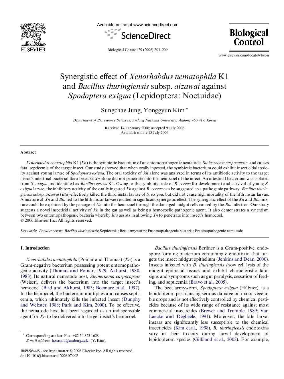 Synergistic effect of Xenorhabdus nematophila K1 and Bacillus thuringiensis subsp. aizawai against Spodoptera exigua (Lepidoptera: Noctuidae)