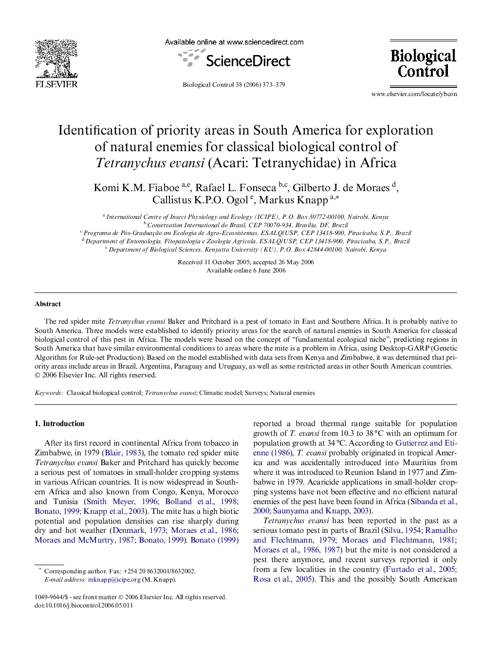 Identification of priority areas in South America for exploration of natural enemies for classical biological control of Tetranychus evansi (Acari: Tetranychidae) in Africa