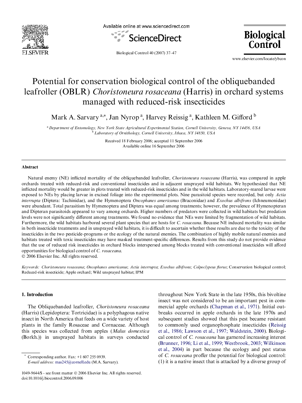 Potential for conservation biological control of the obliquebanded leafroller (OBLR) Choristoneura rosaceana (Harris) in orchard systems managed with reduced-risk insecticides