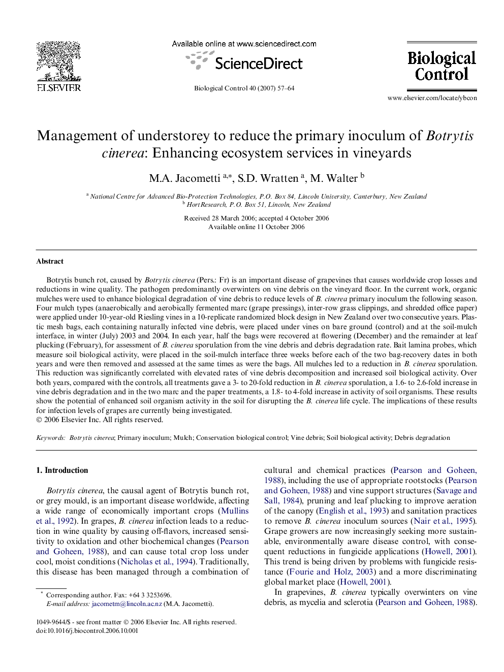 Management of understorey to reduce the primary inoculum of Botrytis cinerea: Enhancing ecosystem services in vineyards