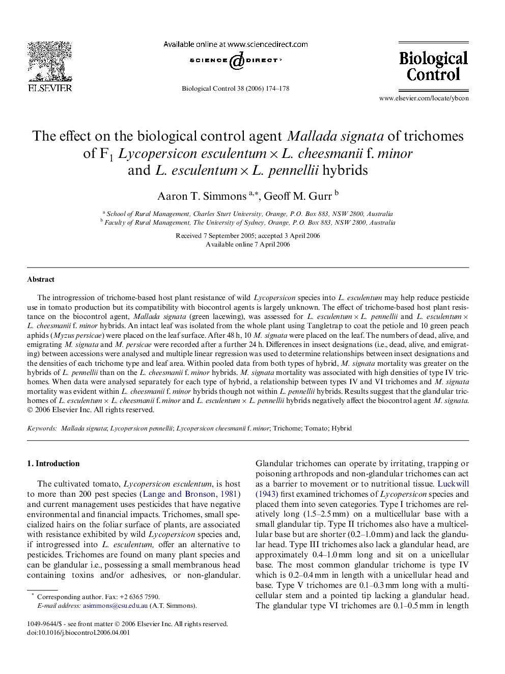 The effect on the biological control agent Mallada signata of trichomes of F1Lycopersicon esculentum × L. cheesmanii f. minor and L. esculentum × L. pennellii hybrids