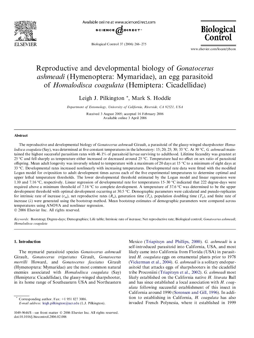 Reproductive and developmental biology of Gonatocerus ashmeadi (Hymenoptera: Mymaridae), an egg parasitoid of Homalodisca coagulata (Hemiptera: Cicadellidae)