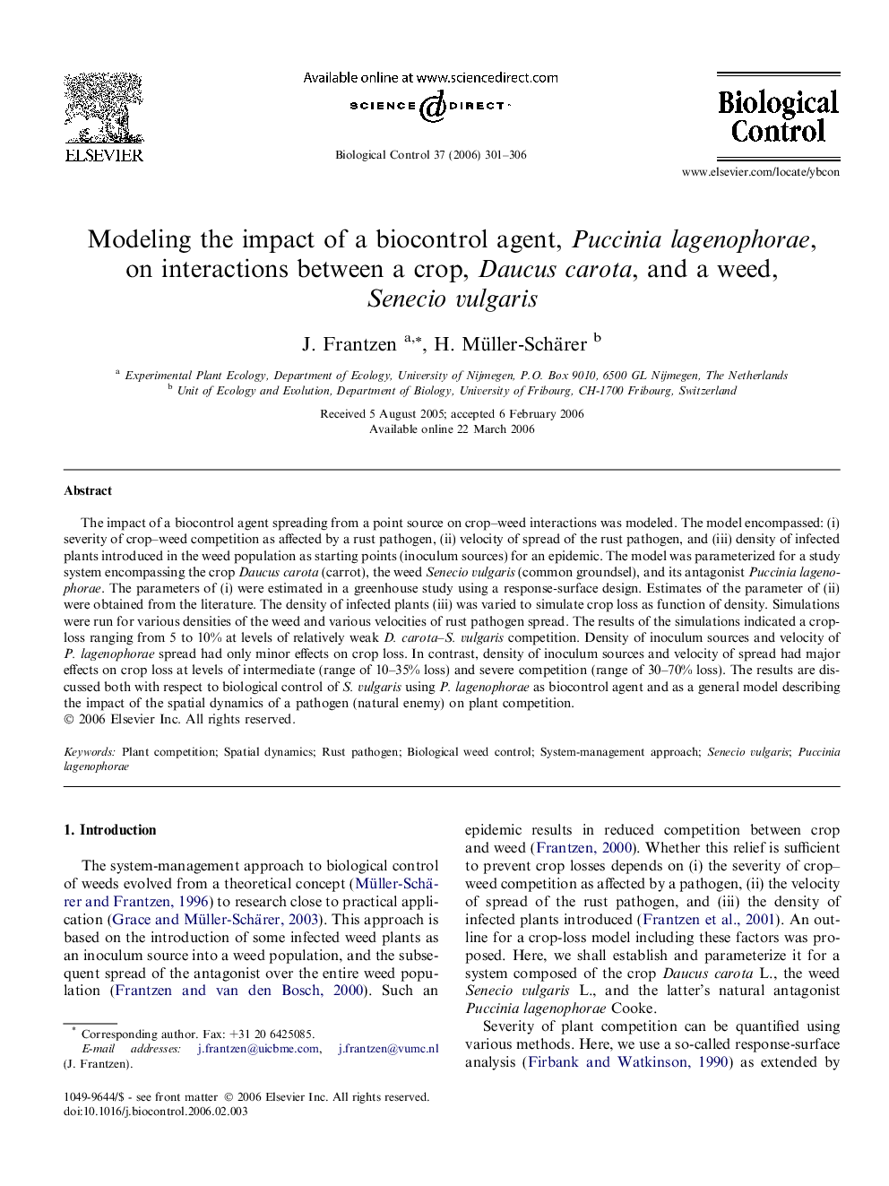 Modeling the impact of a biocontrol agent, Puccinia lagenophorae, on interactions between a crop, Daucus carota, and a weed, Senecio vulgaris