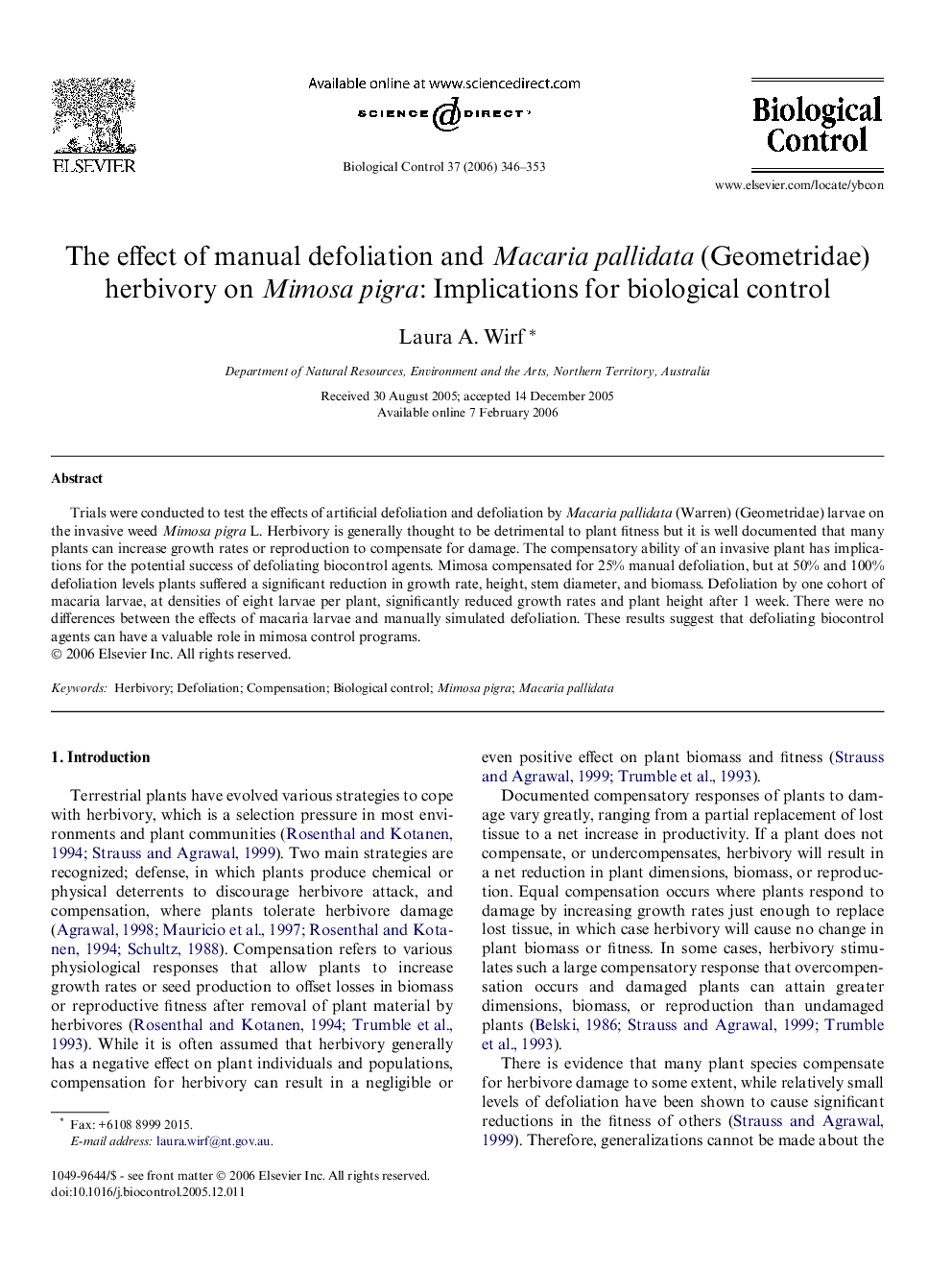 The effect of manual defoliation and Macaria pallidata (Geometridae) herbivory on Mimosa pigra: Implications for biological control