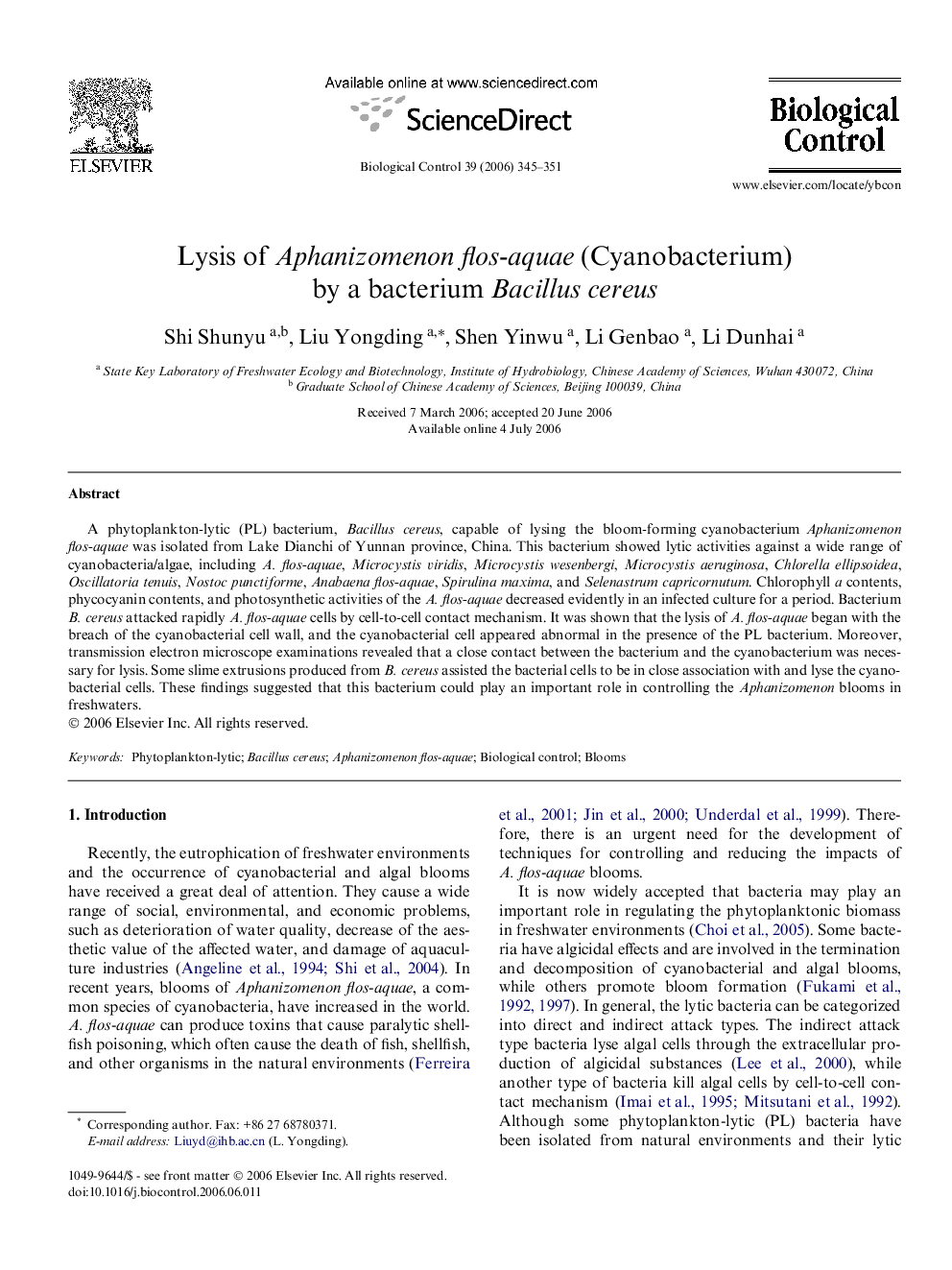 Lysis of Aphanizomenon flos-aquae (Cyanobacterium) by a bacterium Bacillus cereus