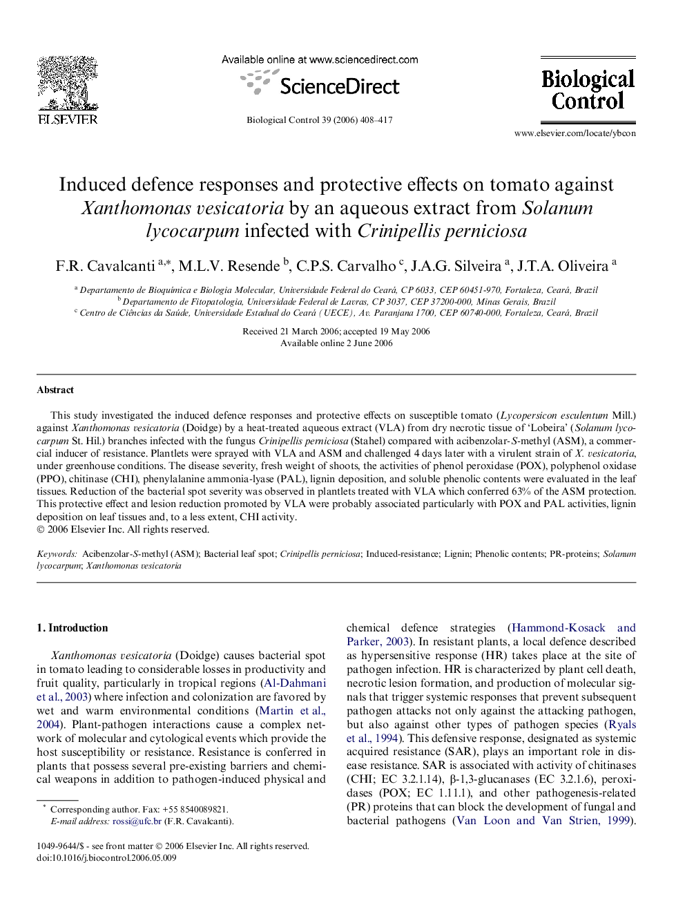 Induced defence responses and protective effects on tomato against Xanthomonas vesicatoria by an aqueous extract from Solanum lycocarpum infected with Crinipellis perniciosa