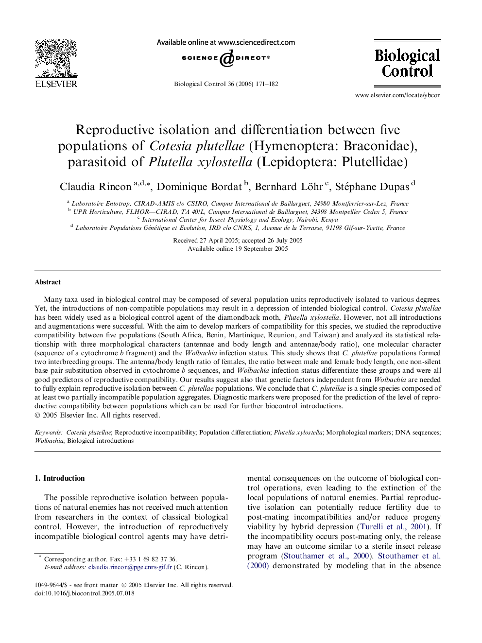 Reproductive isolation and differentiation between five populations of Cotesia plutellae (Hymenoptera: Braconidae), parasitoid of Plutella xylostella (Lepidoptera: Plutellidae)