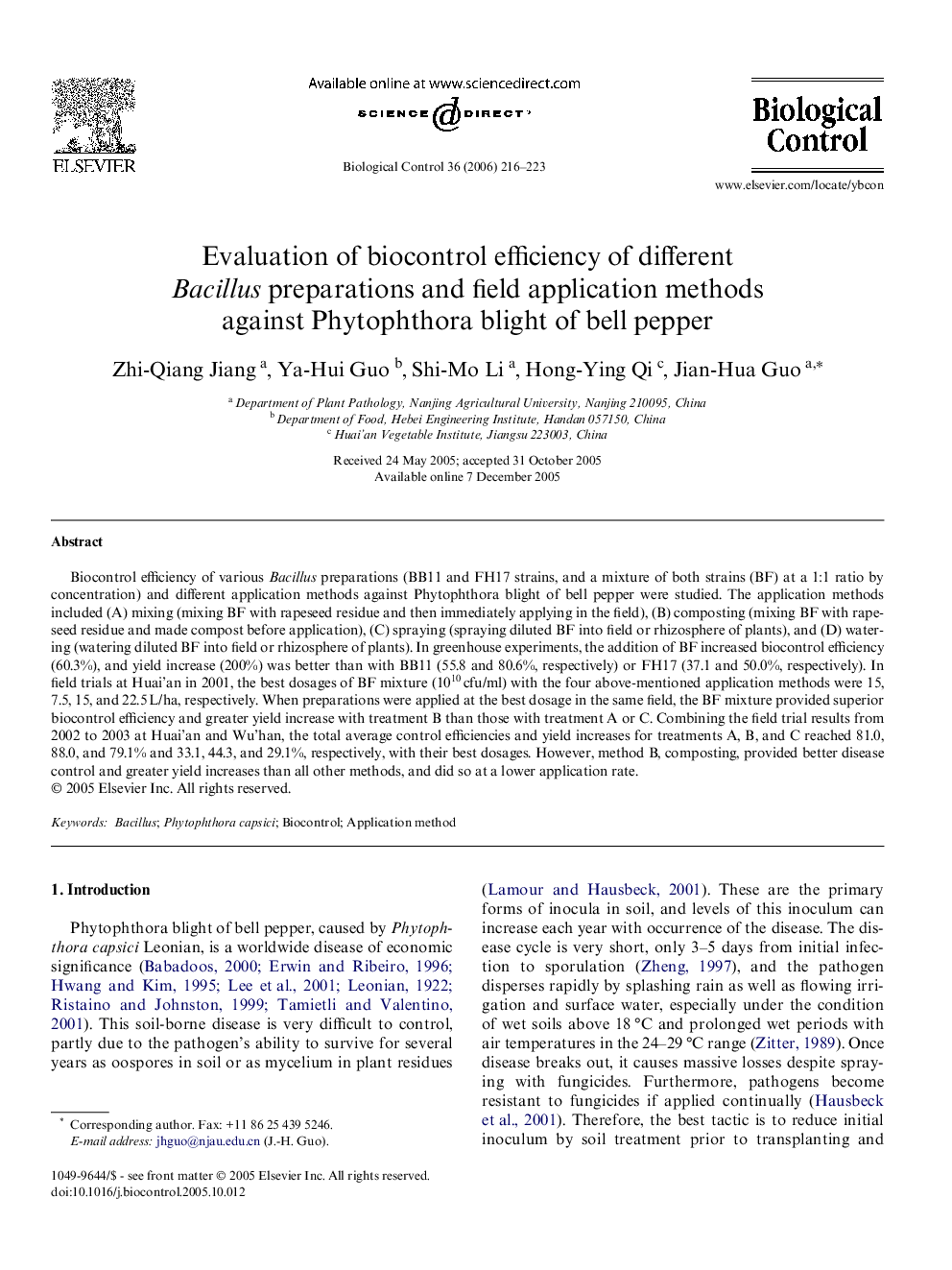 Evaluation of biocontrol efficiency of different Bacillus preparations and field application methods against Phytophthora blight of bell pepper