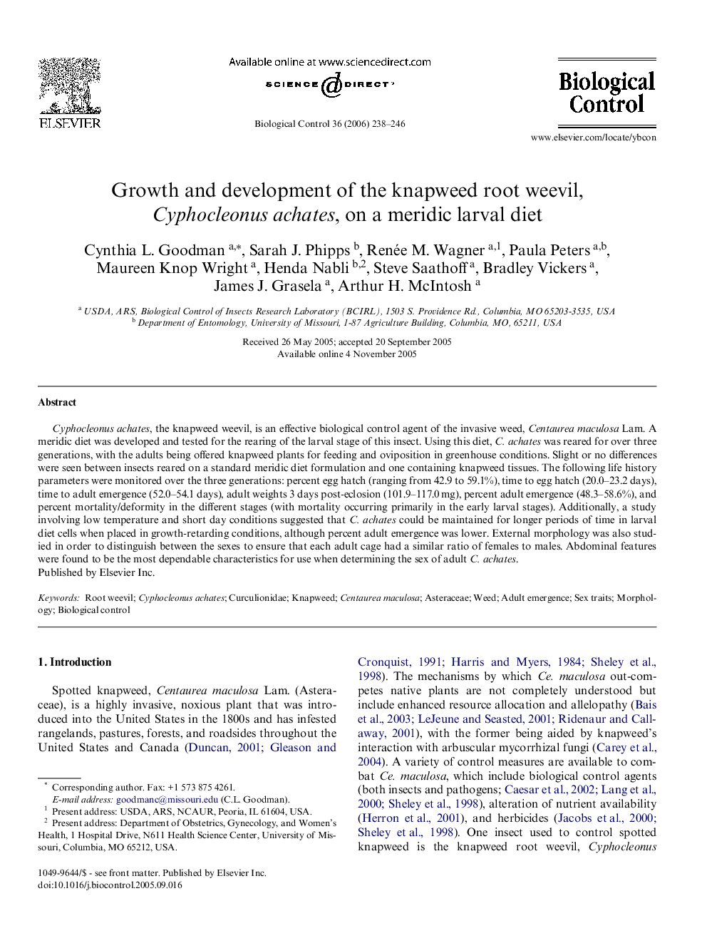 Growth and development of the knapweed root weevil, Cyphocleonus achates, on a meridic larval diet