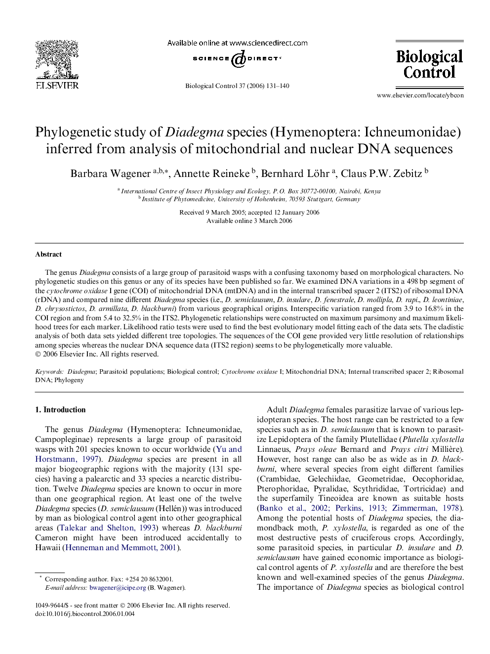 Phylogenetic study of Diadegma species (Hymenoptera: Ichneumonidae) inferred from analysis of mitochondrial and nuclear DNA sequences