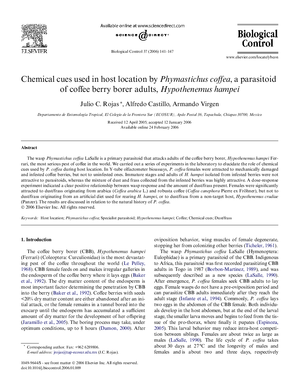 Chemical cues used in host location by Phymastichus coffea, a parasitoid of coffee berry borer adults, Hypothenemus hampei