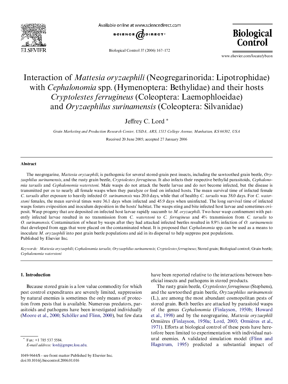 Interaction of Mattesia oryzaephili (Neogregarinorida: Lipotrophidae) with Cephalonomia spp. (Hymenoptera: Bethylidae) and their hosts Cryptolestes ferrugineus (Coleoptera: Laemophloeidae) and Oryzaephilus surinamensis (Coleoptera: Silvanidae)