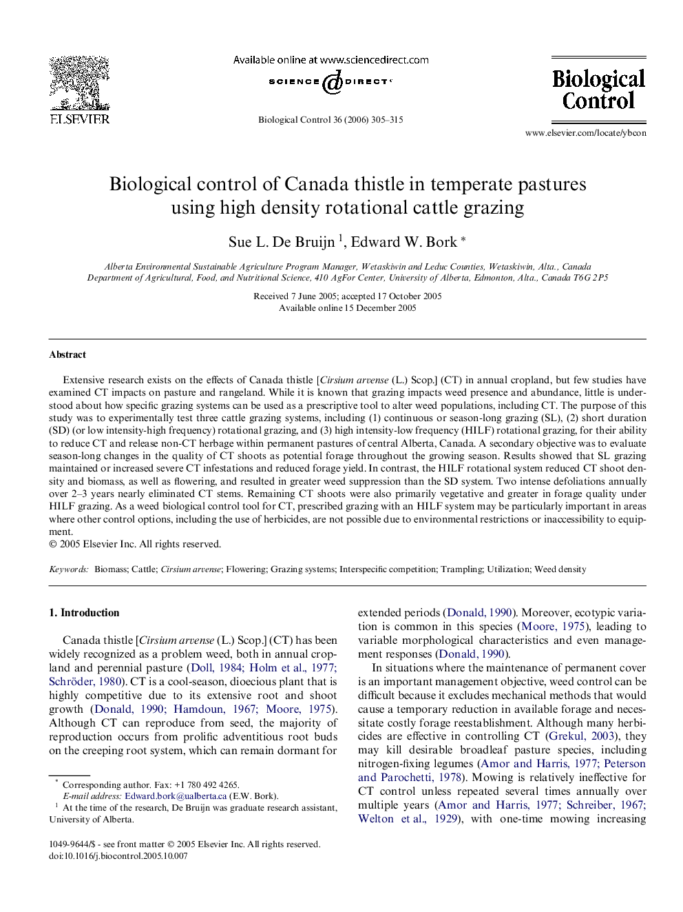 Biological control of Canada thistle in temperate pastures using high density rotational cattle grazing