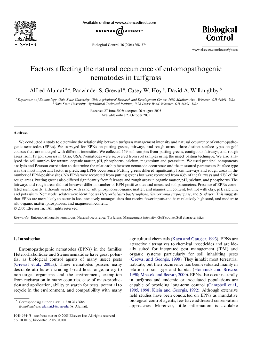 Factors affecting the natural occurrence of entomopathogenic nematodes in turfgrass