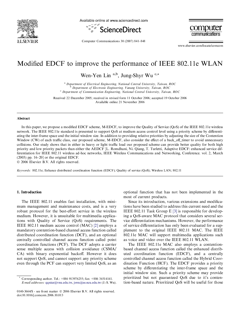 Modified EDCF to improve the performance of IEEE 802.11e WLAN