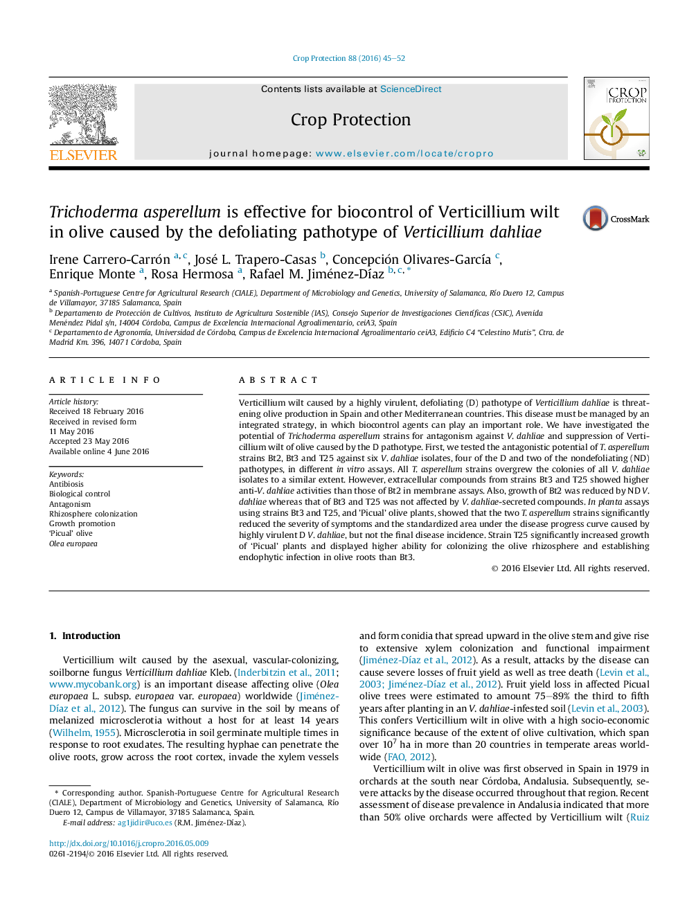 Trichoderma asperellum is effective for biocontrol of Verticillium wilt in olive caused by the defoliating pathotype of Verticillium dahliae