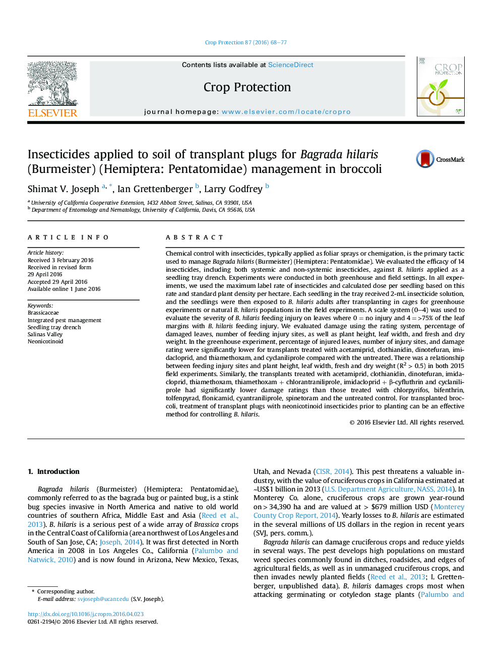 Insecticides applied to soil of transplant plugs for Bagrada hilaris (Burmeister) (Hemiptera: Pentatomidae) management in broccoli