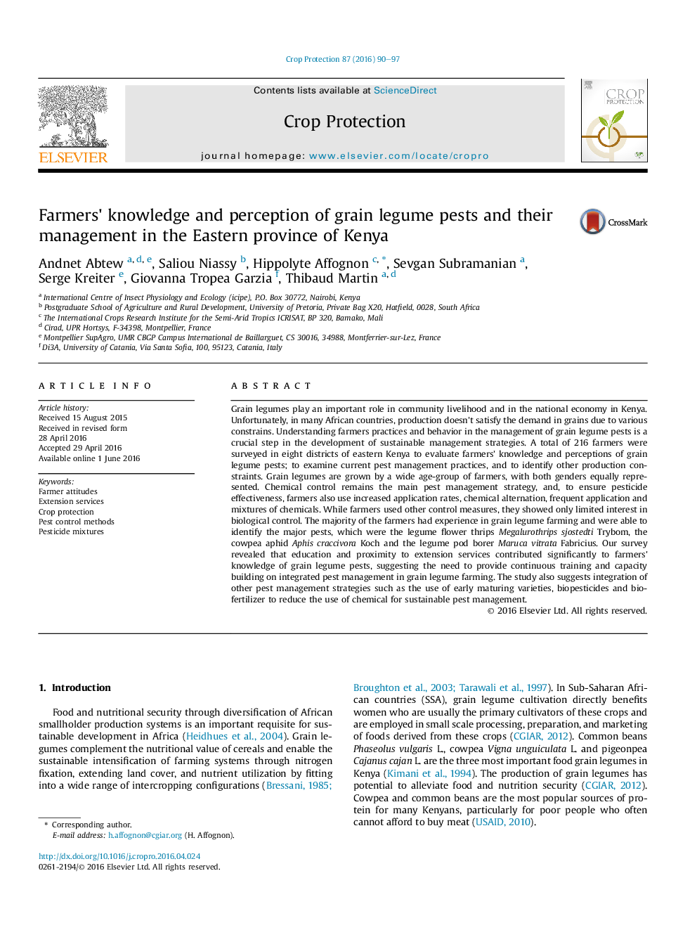 Farmers' knowledge and perception of grain legume pests and their management in the Eastern province of Kenya