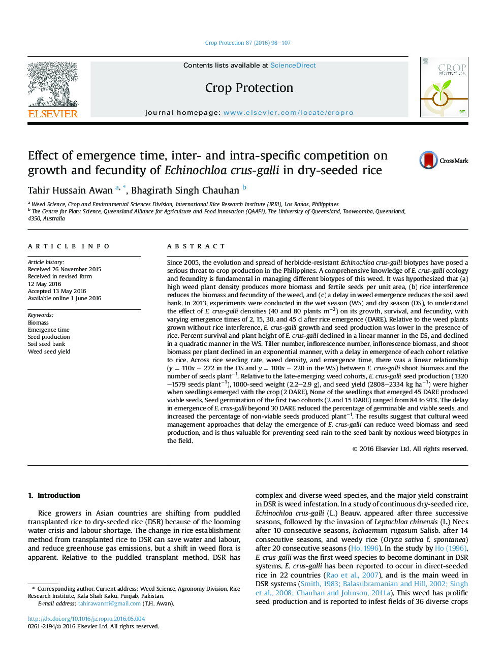 Effect of emergence time, inter- and intra-specific competition on growth and fecundity of Echinochloa crus-galli in dry-seeded rice